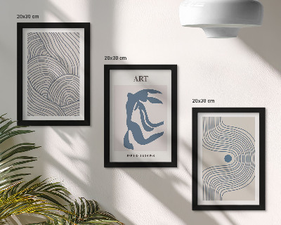 Framed triptych Abstract patterns of lines and shapes in shades of blue