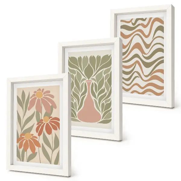 3-piece wall art set pastel floral illustrations with wavy abstract design