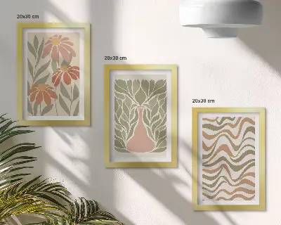3-piece wall art set pastel floral illustrations with wavy abstract design