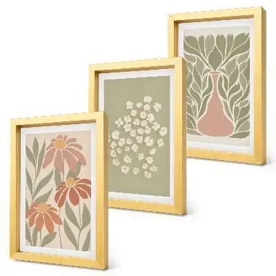 Photo frame wall with floral motifs, minimalist patterns, and boho style