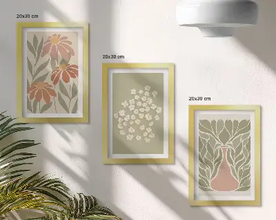 Photo frame wall with floral motifs, minimalist patterns, and boho style