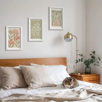 Photo frame wall with floral motifs, minimalist patterns, and boho style