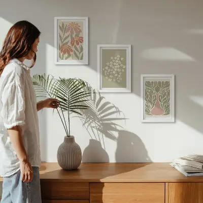 Photo frame wall with floral motifs, minimalist patterns, and boho style