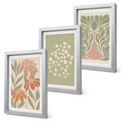 Photo frame wall with floral motifs, minimalist patterns, and boho style