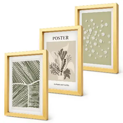 Photo frame wall with plant motifs in subdued colors and patterns