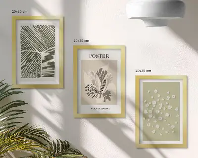 Photo frame wall with plant motifs in subdued colors and patterns