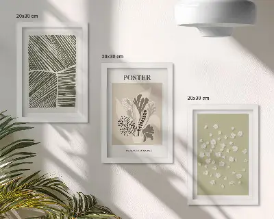 Photo frame wall with plant motifs in subdued colors and patterns