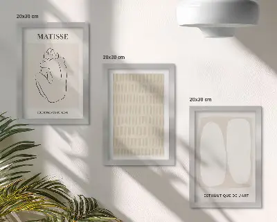Photo frame wall with lines and shapes in shades of beige and white