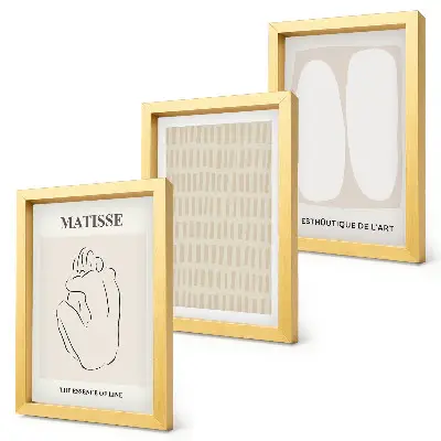 Photo frame wall with lines and shapes in shades of beige and white