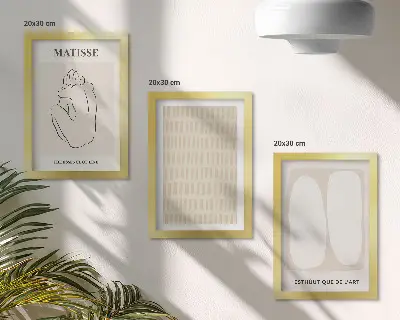 Photo frame wall with lines and shapes in shades of beige and white