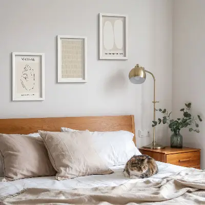 Photo frame wall with lines and shapes in shades of beige and white