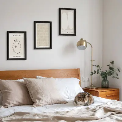 Photo frame wall with lines and shapes in shades of beige and white
