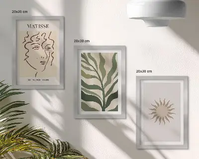 Photo frame wall with abstract plant patterns and lines in muted colors