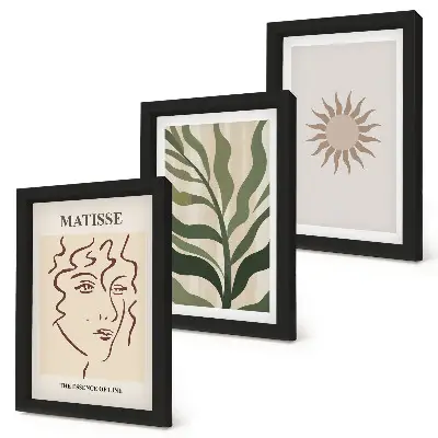 Photo frame wall with abstract plant patterns and lines in muted colors