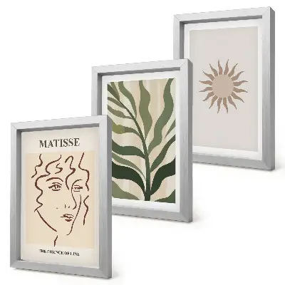Photo frame wall with abstract plant patterns and lines in muted colors
