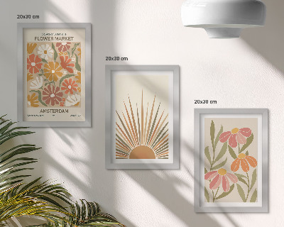 Framed triptych Flowers in pastel colors with sun rays