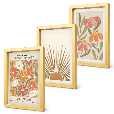 Framed triptych Flowers in pastel colors with sun rays