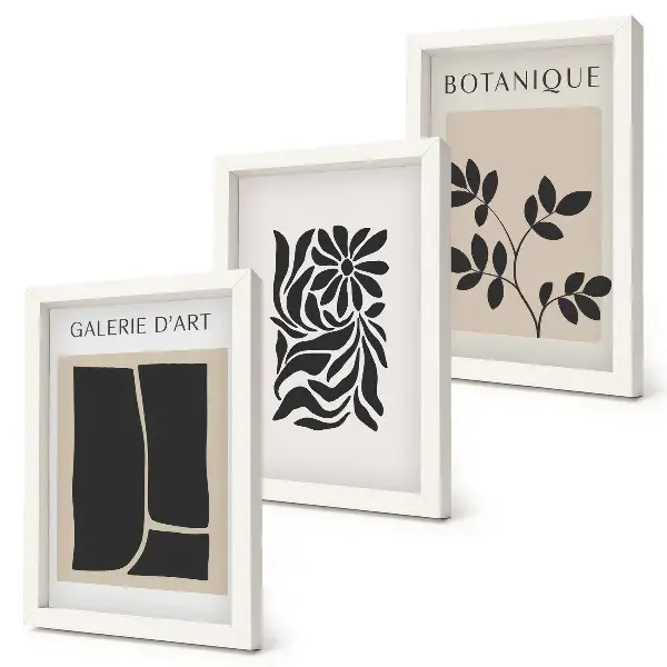 Photo frame wall with abstract plant patterns and geometric shapes
