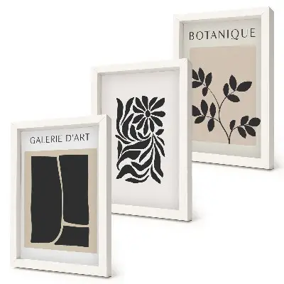 Photo frame wall with abstract plant patterns and geometric shapes