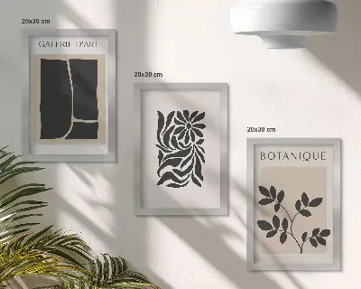 Photo frame wall with abstract plant patterns and geometric shapes