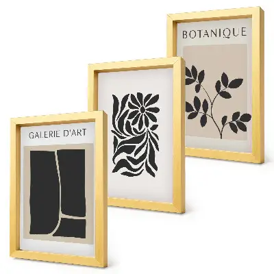 Photo frame wall with abstract plant patterns and geometric shapes