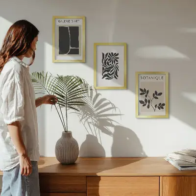 Photo frame wall with abstract plant patterns and geometric shapes