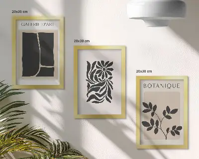 Photo frame wall with abstract plant patterns and geometric shapes