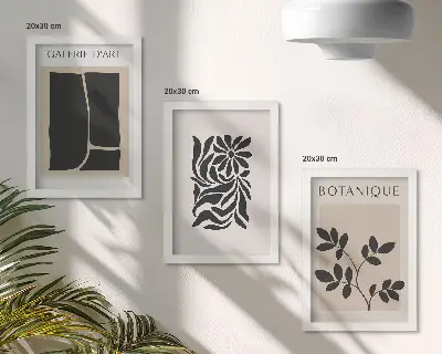 Photo frame wall with abstract plant patterns and geometric shapes