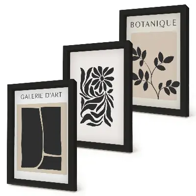 Photo frame wall with abstract plant patterns and geometric shapes