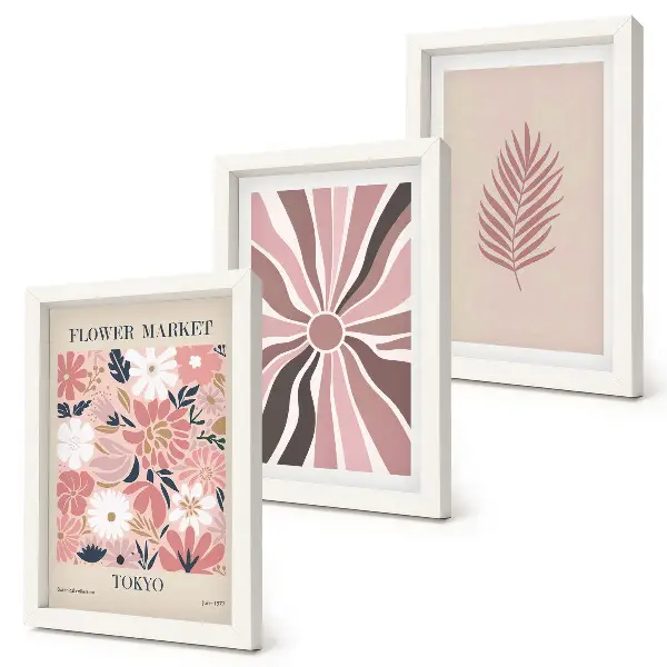 Floral patterns with leaves and geometric shapes framed triptych