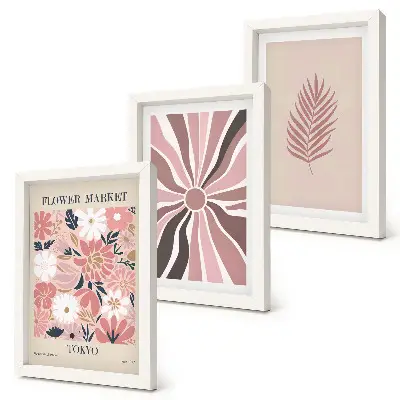 Floral patterns with leaves and geometric shapes framed triptych