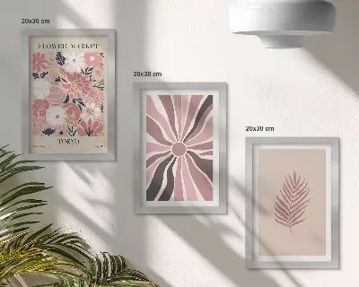 Floral patterns with leaves and geometric shapes framed triptych