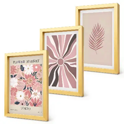 Floral patterns with leaves and geometric shapes framed triptych