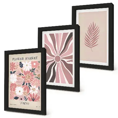 Floral patterns with leaves and geometric shapes framed triptych