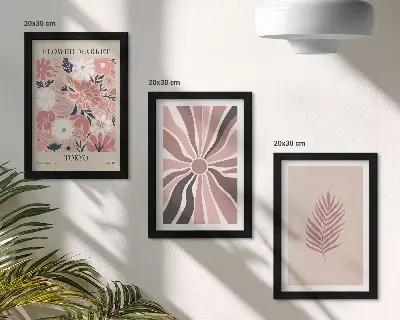 Floral patterns with leaves and geometric shapes framed triptych