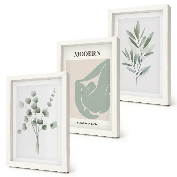 Photo frame wall gallery with delicate green plant motifs