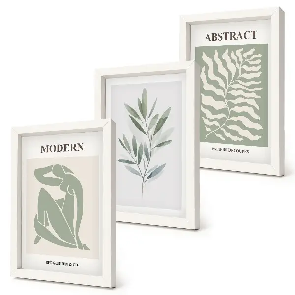 Matisse inspired boho watercolor plants art framed triptych set