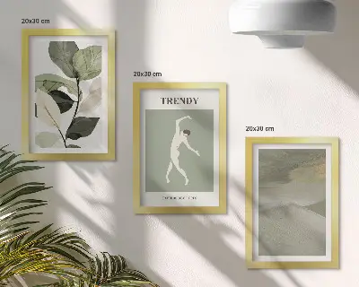 Photo frame wall with plant patterns, silhouettes, and abstract forms