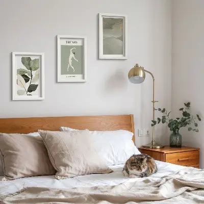 Photo frame wall with plant patterns, silhouettes, and abstract forms