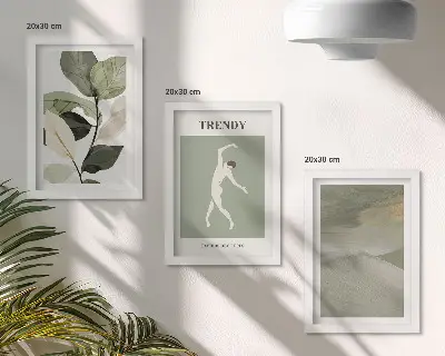 Photo frame wall with plant patterns, silhouettes, and abstract forms