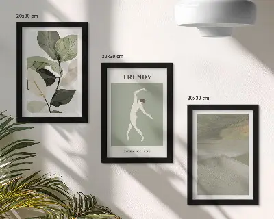 Photo frame wall with plant patterns, silhouettes, and abstract forms
