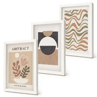Abstract shapes and patterns in subdued colors framed triptych