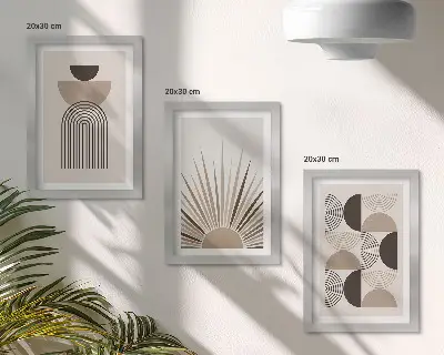 Abstract shapes triptych in shades of beige and brown with frames