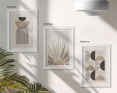 Abstract shapes triptych in shades of beige and brown with frames