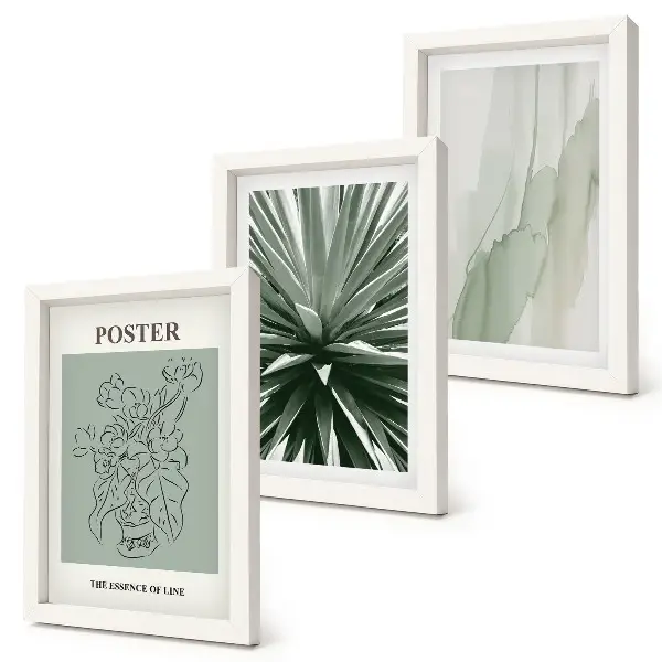 Photo frame wall with plant patterns in shades of green and beige