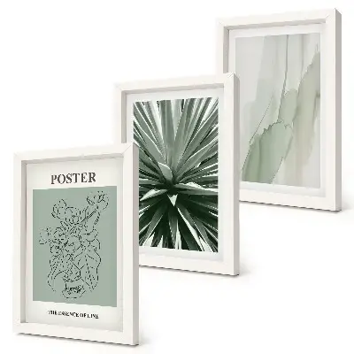 Photo frame wall with plant patterns in shades of green and beige