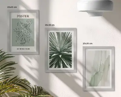 Photo frame wall with plant patterns in shades of green and beige