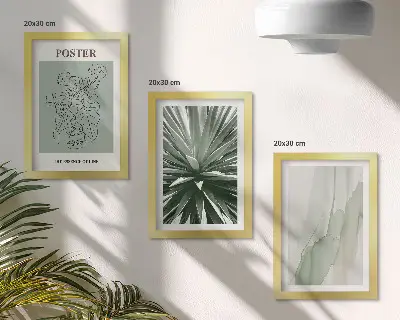 Photo frame wall with plant patterns in shades of green and beige