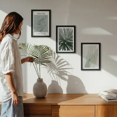Photo frame wall with plant patterns in shades of green and beige