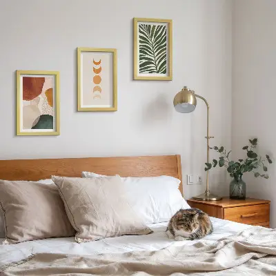 Abstract shapes and leaves triptych in warm colors